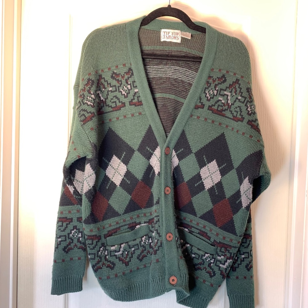 Tip Top Tailors Vintage Grandpa Cardigan – Argyle Green Burgundy Knit Canada M